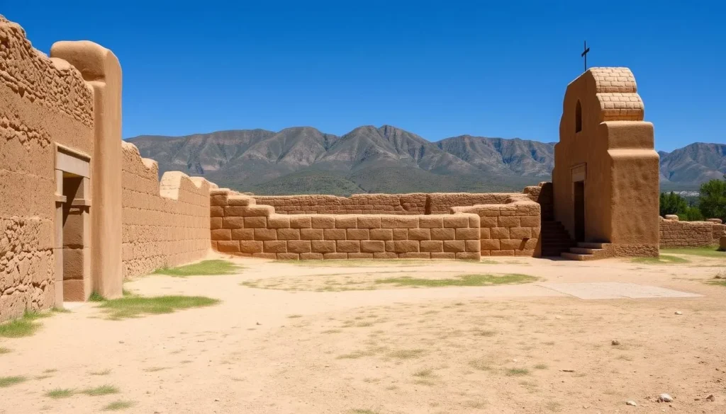 Adobe walls of Abó Mission with mountain backdrop Adobe walls of Abó Mission with mountain backdrop