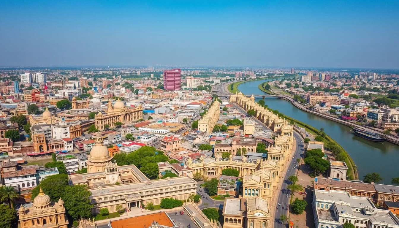 Aerial-view-of-Ahmedabad-city-in-Gujarat-India-showing-historic-architecture-and-modern Aerial view of Ahmedabad city in Gujarat, India showing historic architecture and modern development