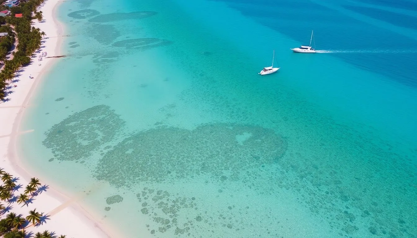Aerial view of Bayahibe's coastline showing turquoise waters and palm-lined beaches