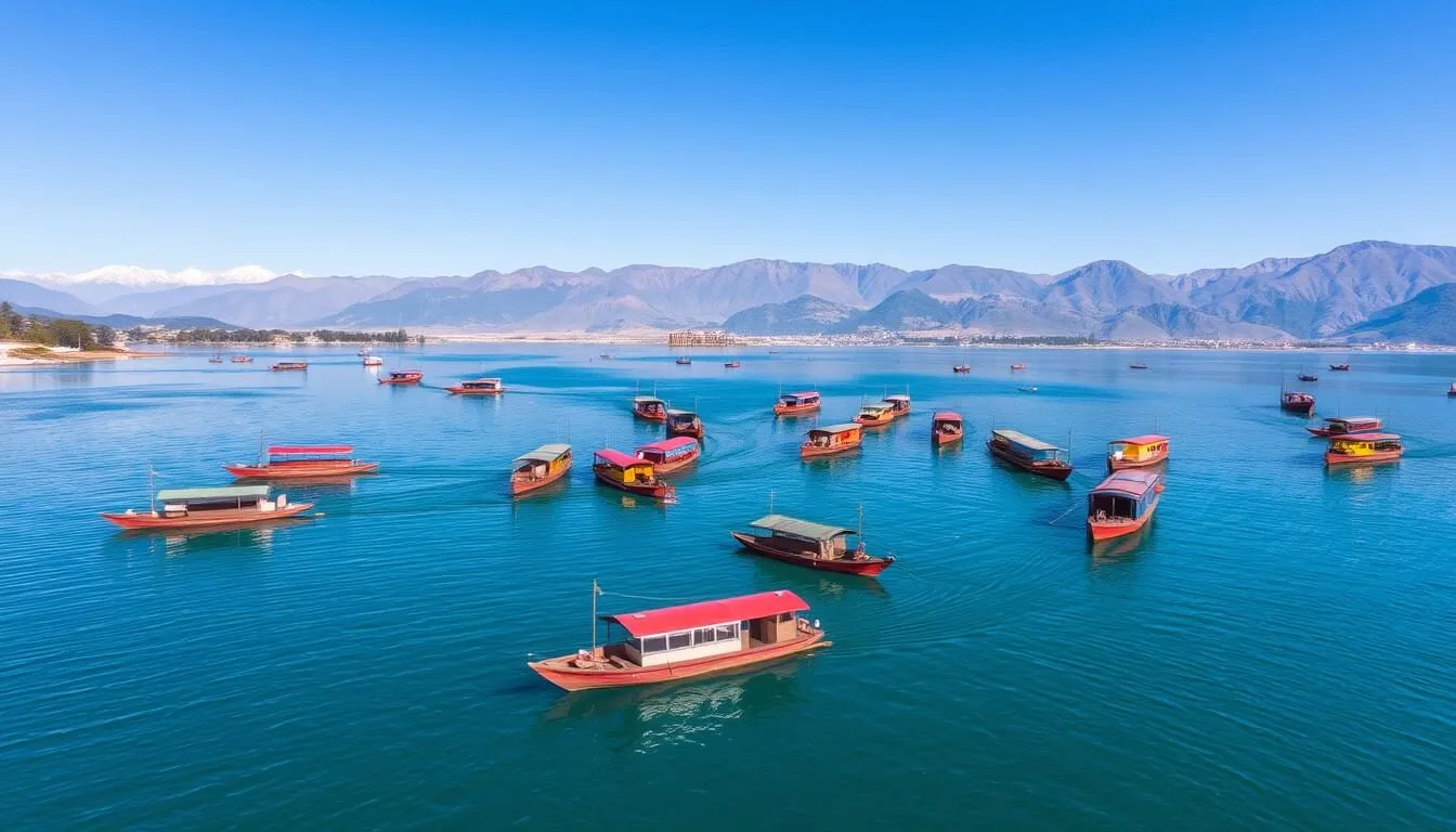 Aerial view of Dal Lake in Srinagar with colorful houseboats and surrounding mountains