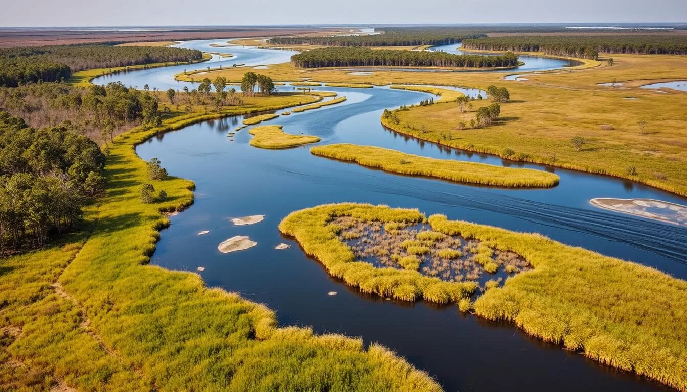 Aerial-view-of-Delta-National-Wildlife-Refuge-showing-wetlands-and-waterways-with-the Aerial view of Delta National Wildlife Refuge showing wetlands and waterways with the Mississippi River delta