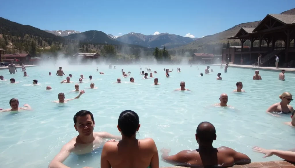 Aerial view of Glenwood Hot Springs Pool with mountains in the background Aerial view of Glenwood Hot Springs Pool with mountains in the background