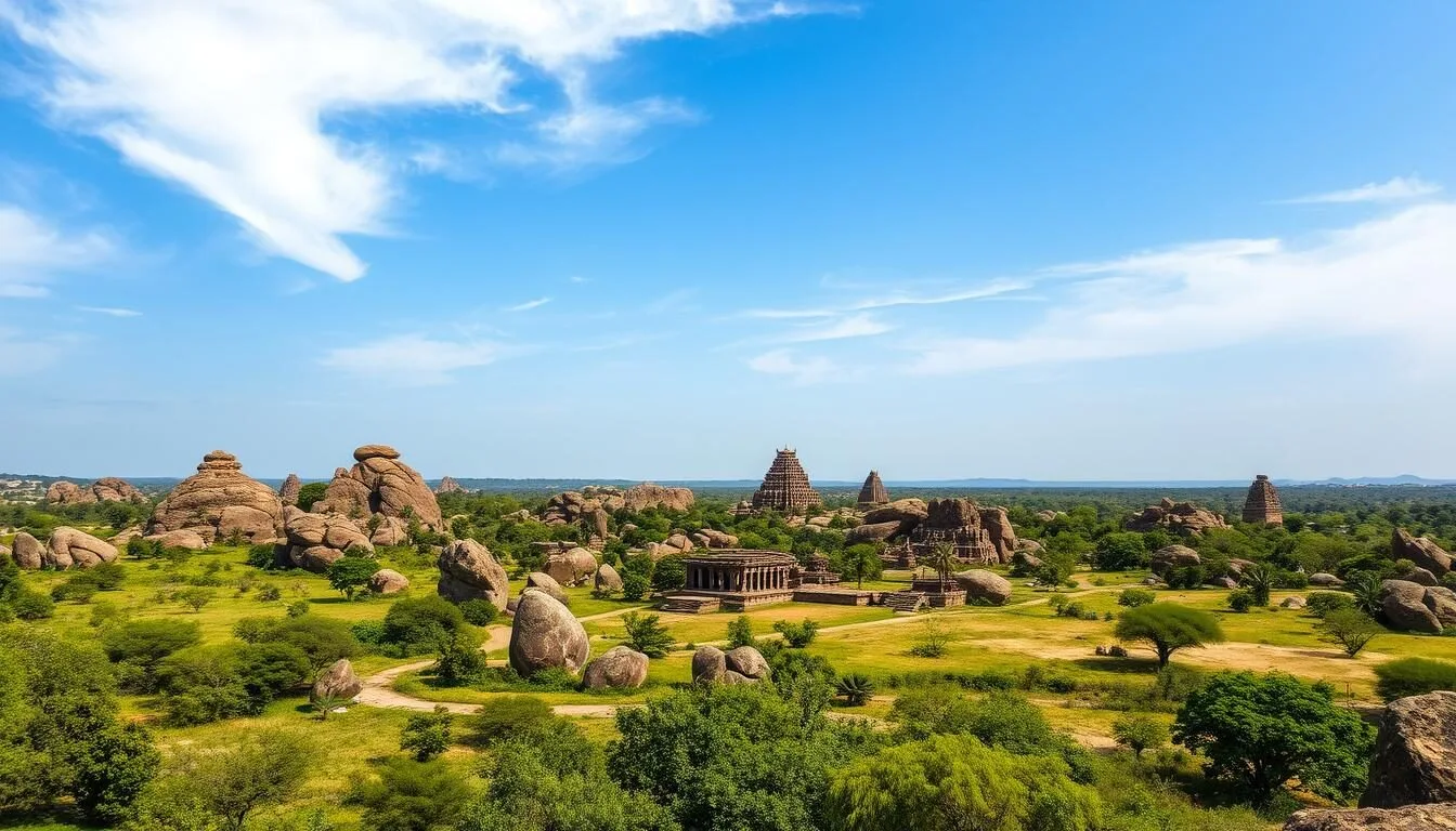 Aerial view of Hampi's ancient ruins with massive boulder formations and temple structures in Karnataka, India