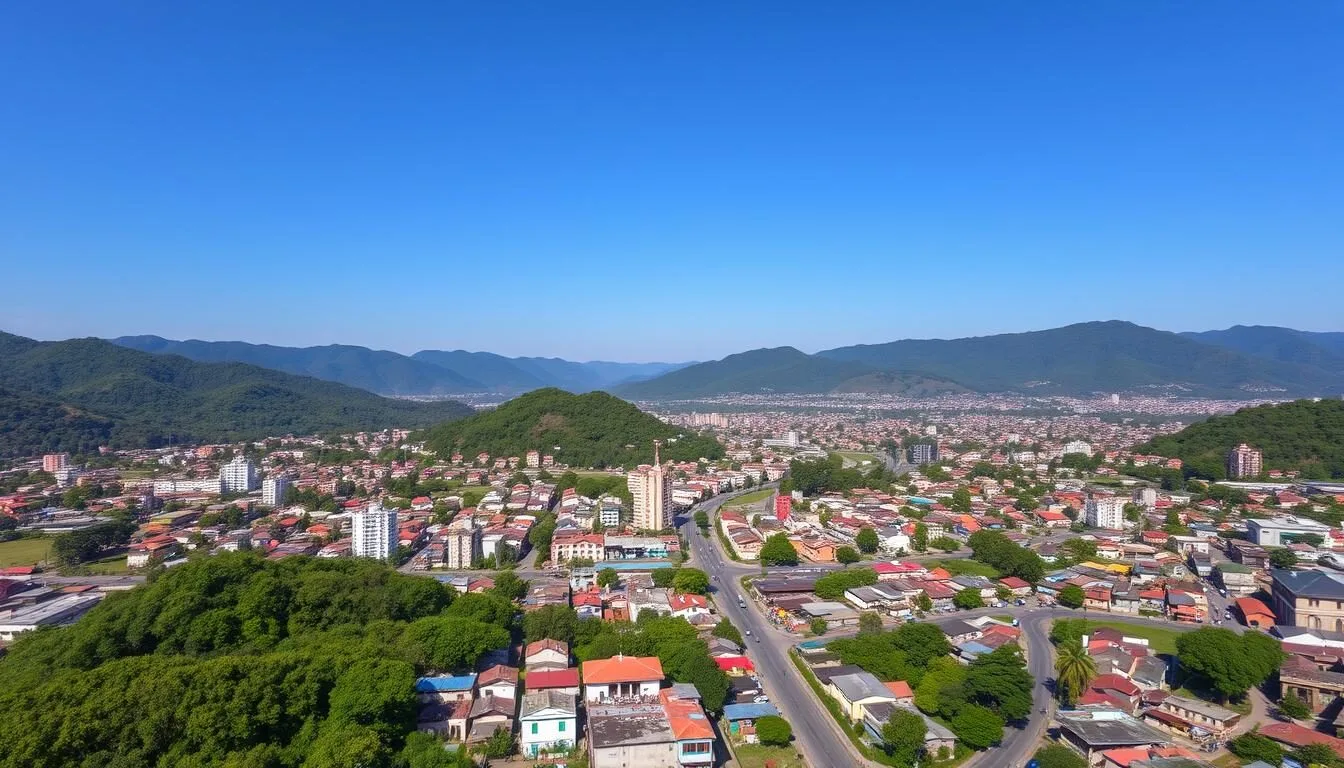 Aerial view of Imphal city with mountains in the background