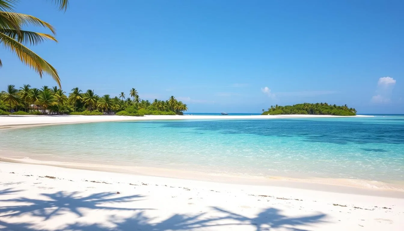 Aerial view of Kaaratti Island showing white sandy beaches and turquoise waters