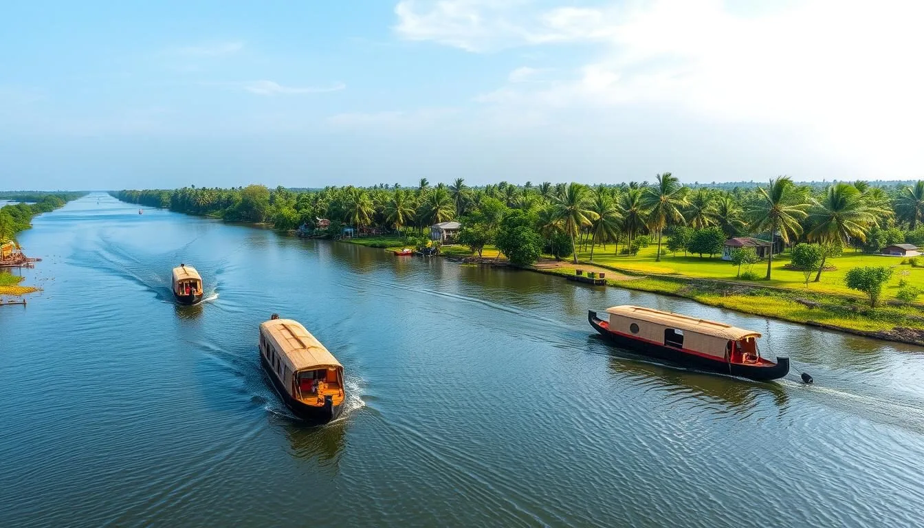 Aerial view of Kerala backwaters with houseboats and palm-fringed canals
