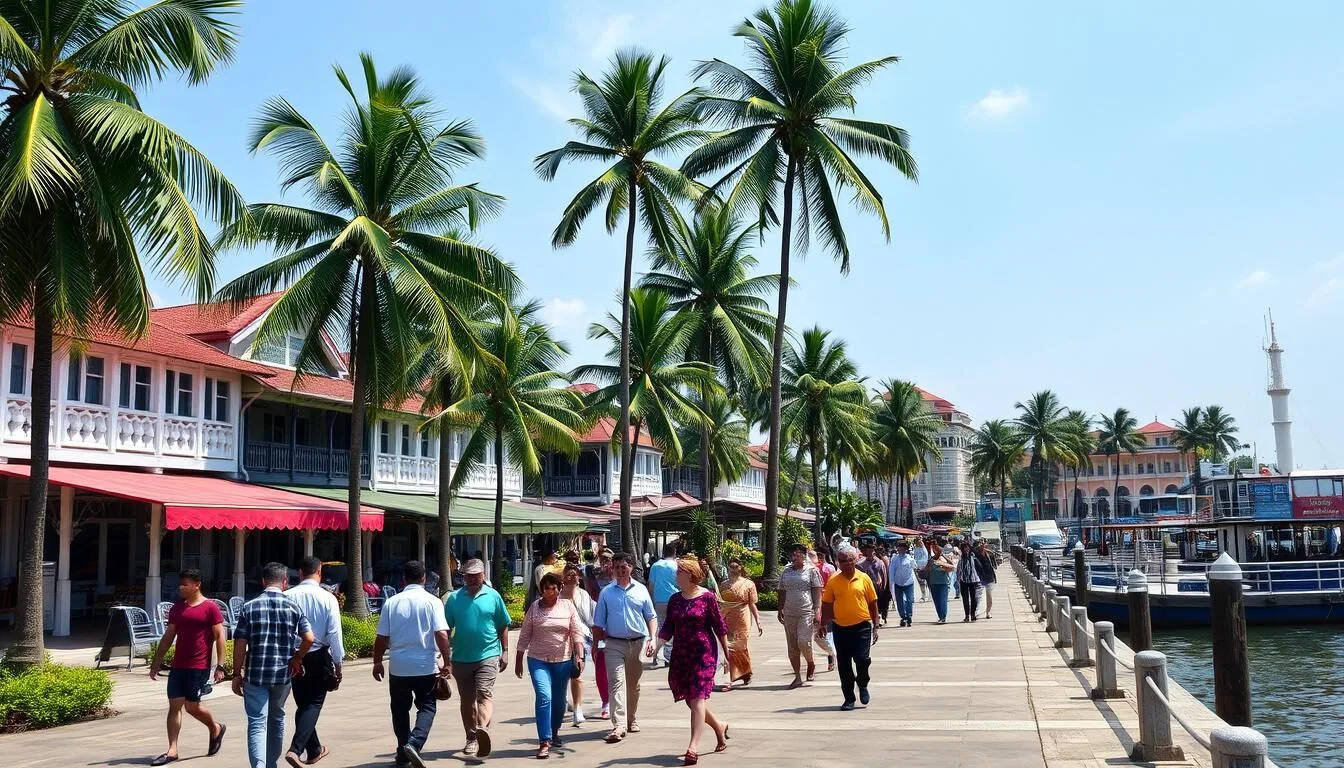 Aerial view of Kochi's waterfront with traditional buildings and palm trees