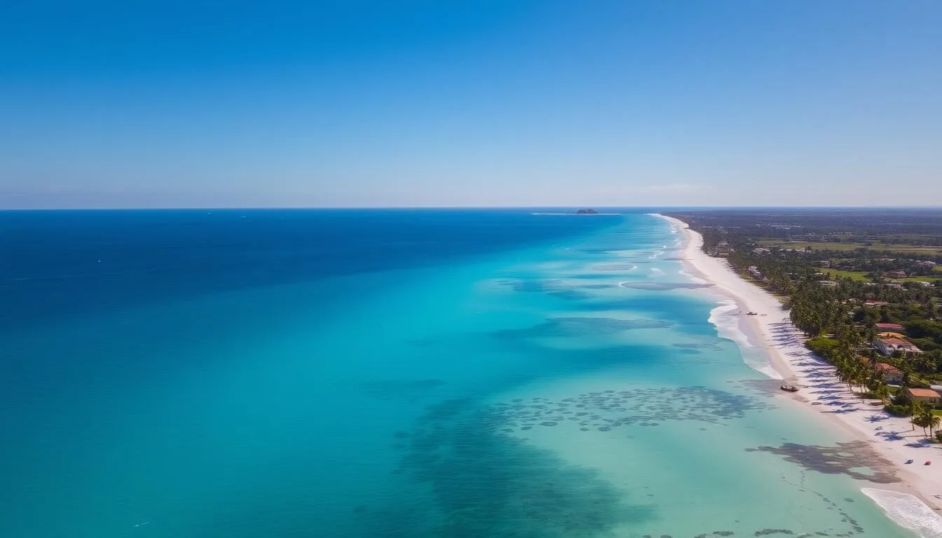Aerial view of Las Terrenas coastline with turquoise waters and white sand beaches in the Dominican Republic