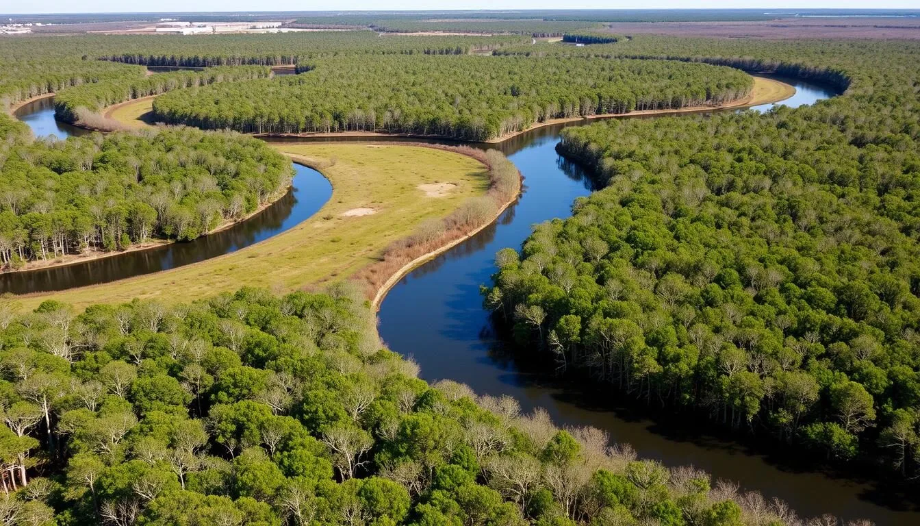 Aerial view of Mandalay National Wildlife Refuge showing winding waterways through cypress forests