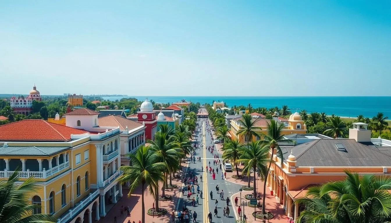 Aerial view of Puducherry's French Quarter with colorful colonial buildings and palm-lined streets