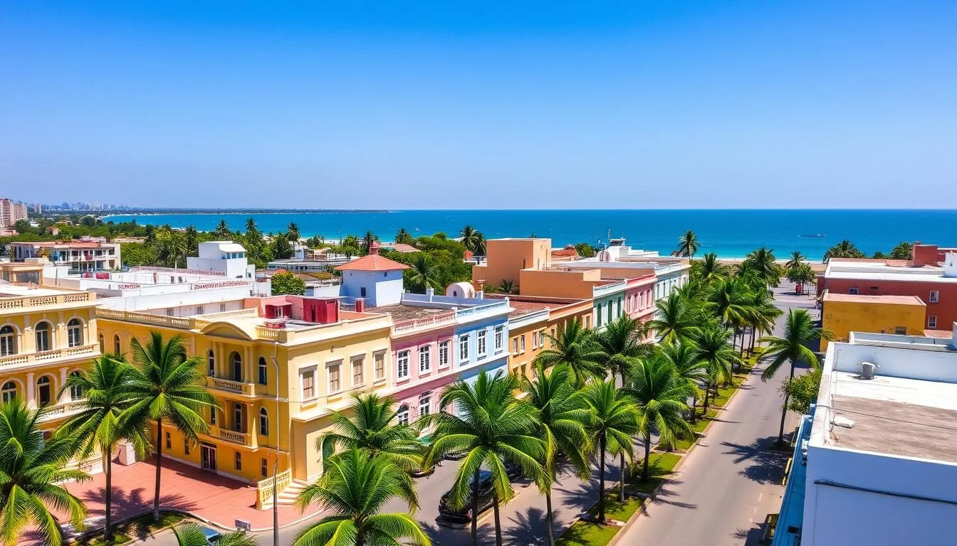 Aerial view of Puducherry's colorful French Quarter with yellow and white colonial buildings