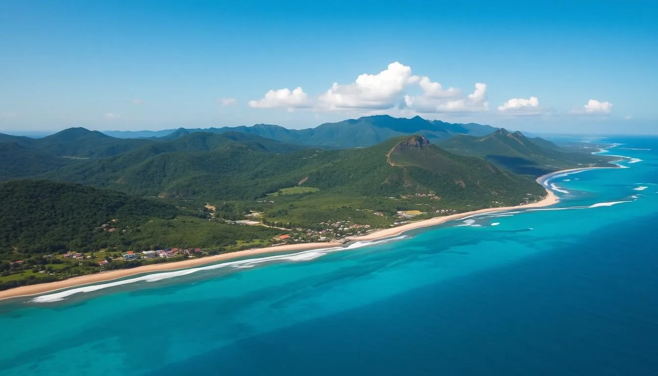 Aerial view of Puerto Plata coastline with mountains in the background
