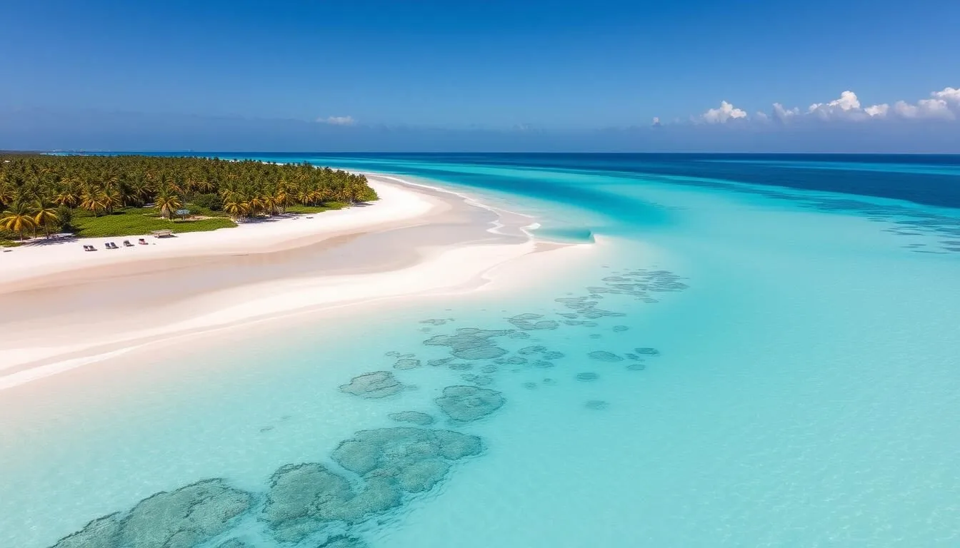 Aerial view of Saona Island's coastline with turquoise waters and white sand beaches in the Dominican Republic
