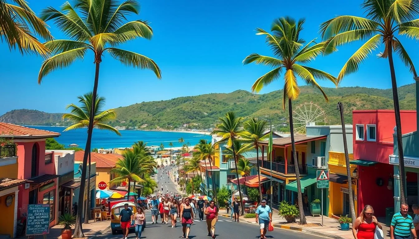Aerial view of Sayulita's colorful town center with the beach in the background, showing the vibrant streets and surrounding jungle hills