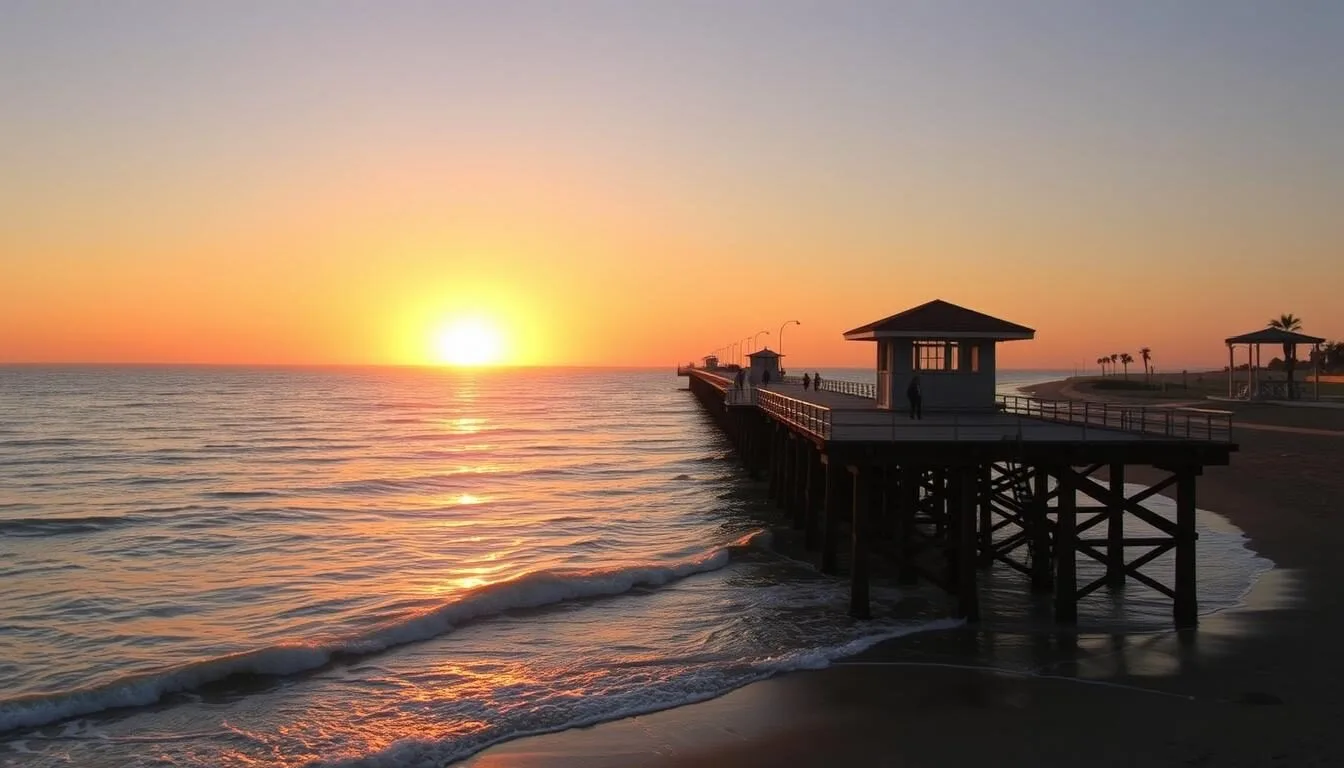 Aerial view of Seal Beach Pier extending into the Pacific Ocean at sunset, Orange County, California
