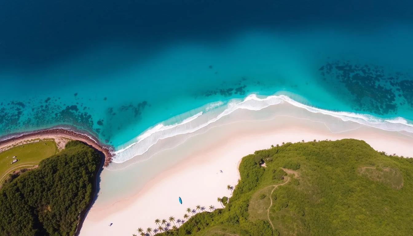 Aerial view of Sosua Bay with turquoise waters and surrounding lush green hills