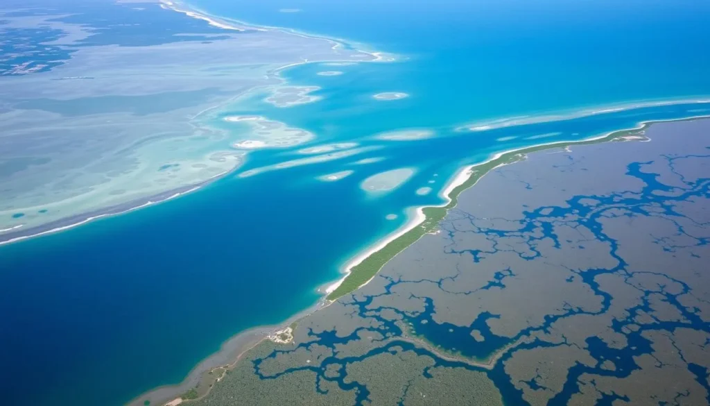 Aerial view of Timbalier Bay, Louisiana showing the coastal area where East Timbalier Island once existed Aerial view of Timbalier Bay, Louisiana showing the coastal area where East Timbalier Island once existed