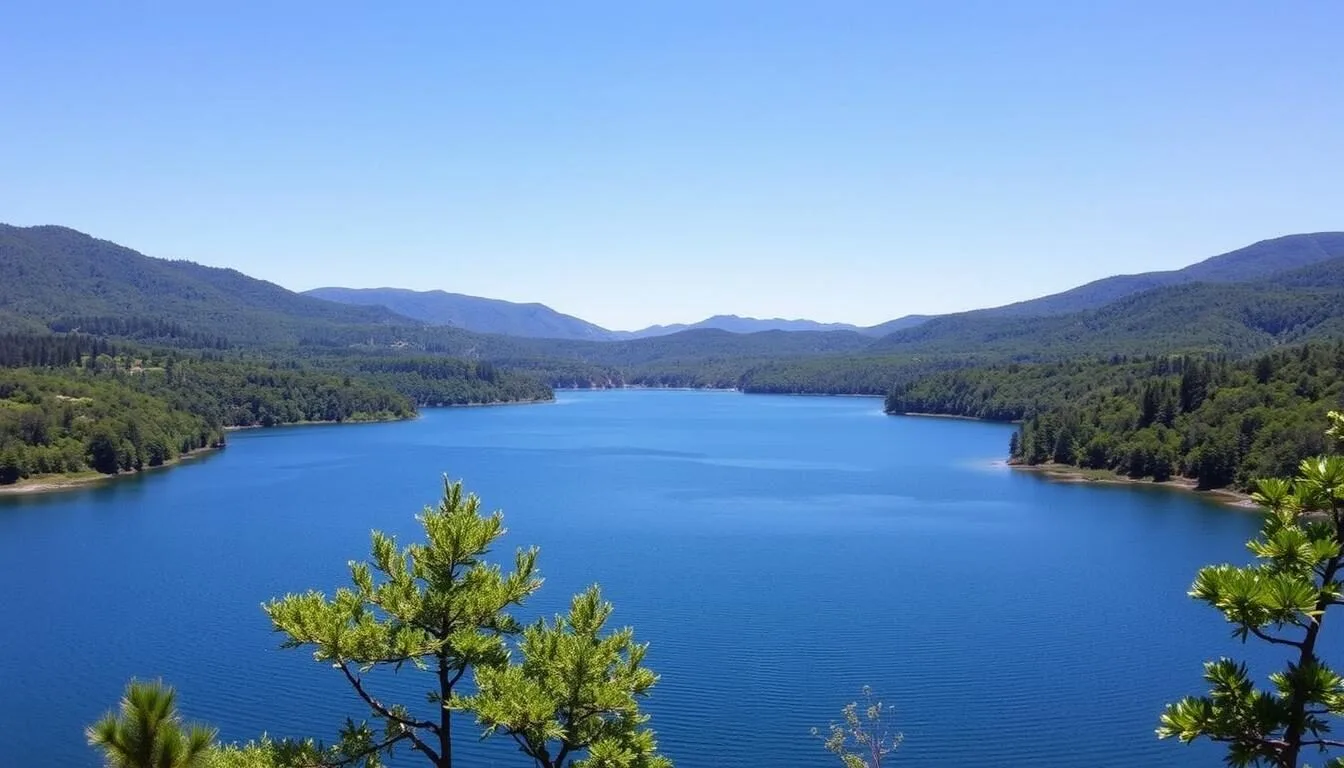 Aerial view of Tuscarora Lake surrounded by lush forests with mountains in the background, showing the pristine 96-acre lake that serves as the centerpiece of Tuscarora State Park