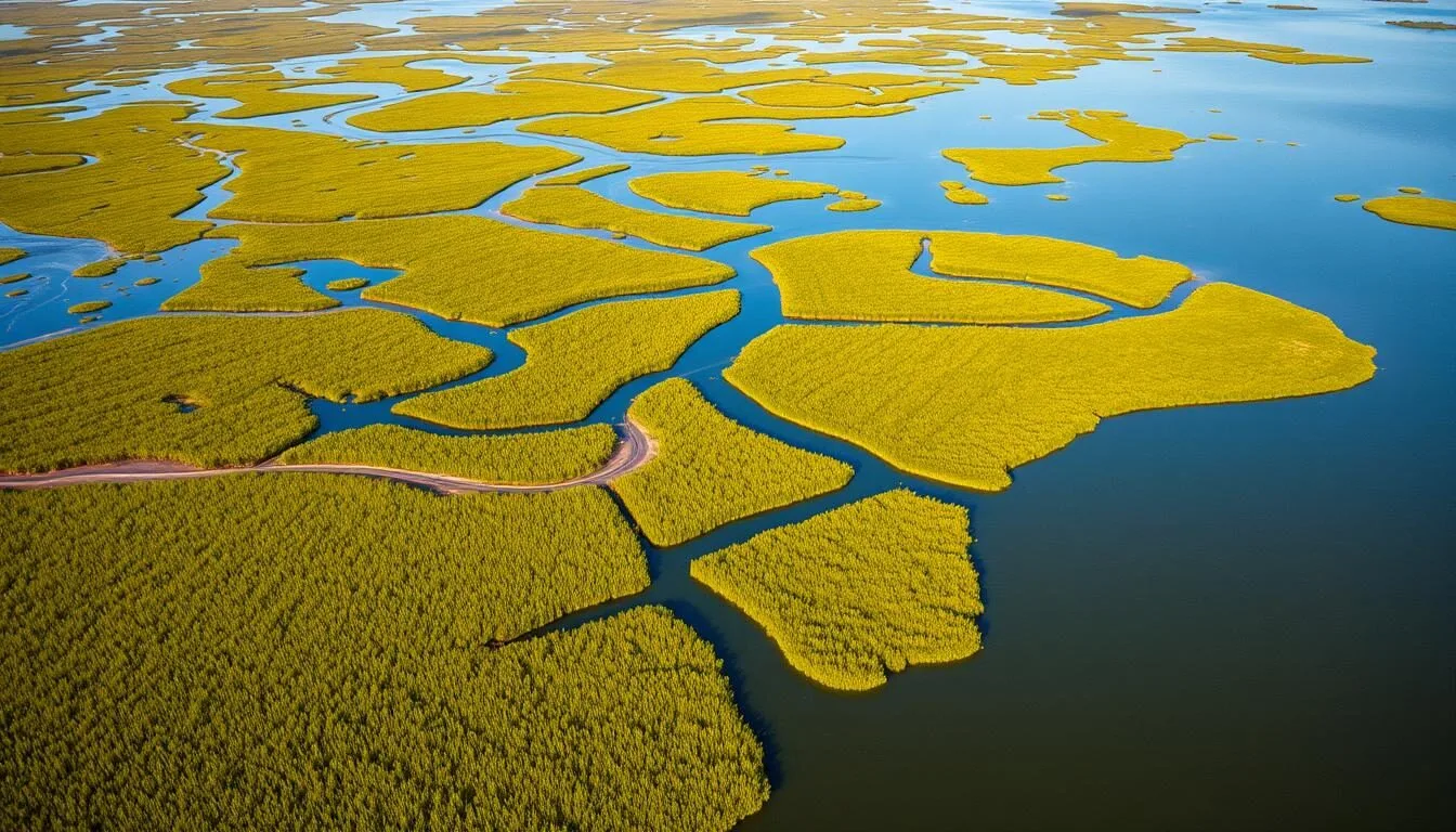 Aerial-view-of-Vermilion-Bay-Wetlands-Louisiana-showing-the-intricate-waterways-and-lush-green- Aerial view of Vermilion Bay Wetlands Louisiana showing the intricate waterways and lush green marshes