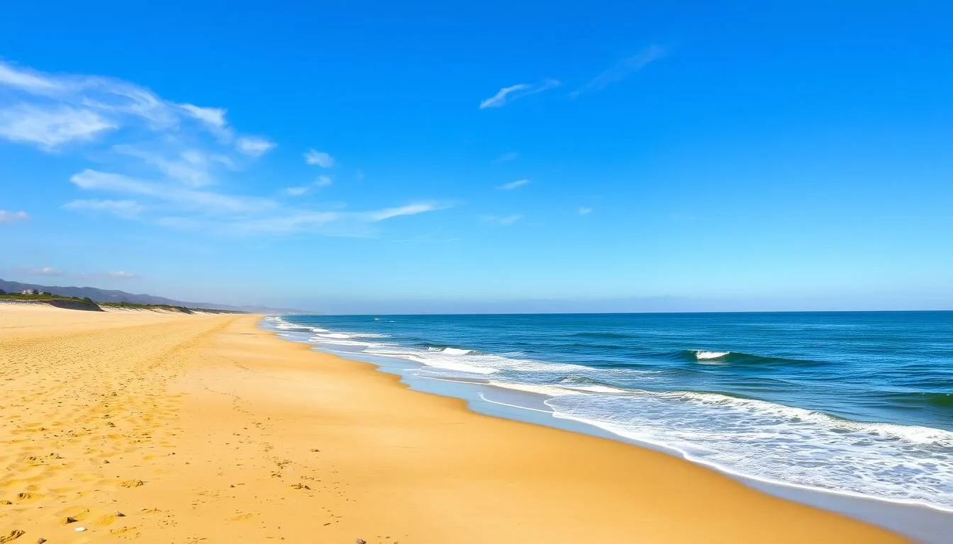 Aerial view of Will Rogers State Beach showing the coastline and Pacific Ocean on a sunny day