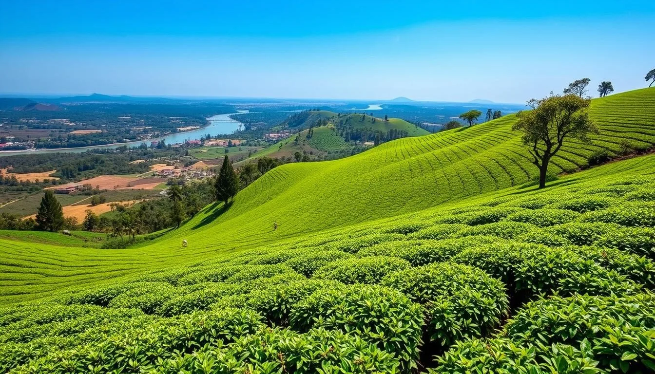 Aerial view of lush green tea gardens in Assam with mountains in the background