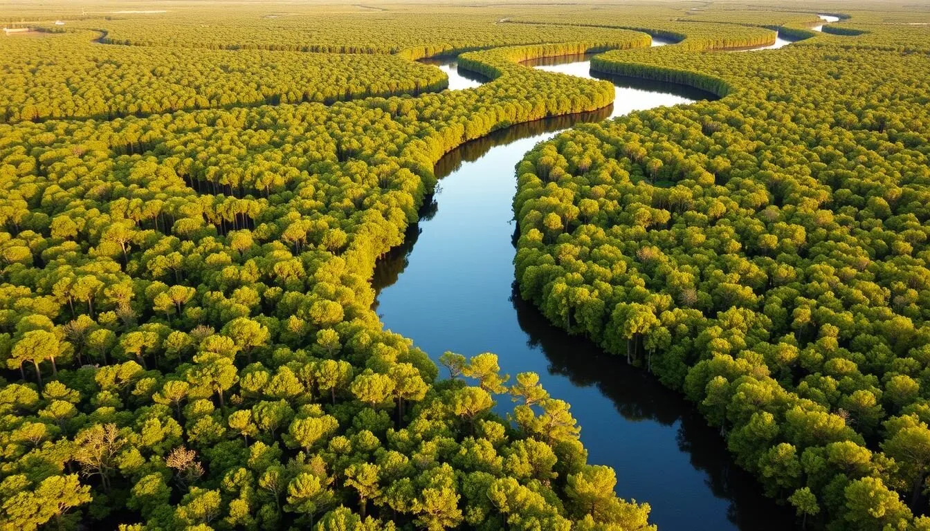 Aerial view of the Louisiana wetlands with winding waterways through lush green cypress forests along the Wetlands Cultural Byway