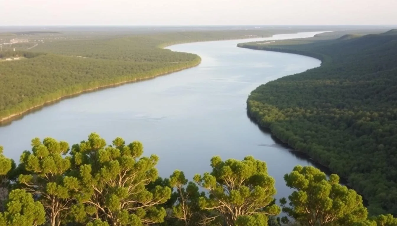 Aerial-view-of-the-Mississippi-River-along-the-Great-River-Road-Scenic-Byway-in-Louisiana Aerial view of the Mississippi River along the Great River Road Scenic Byway in Louisiana