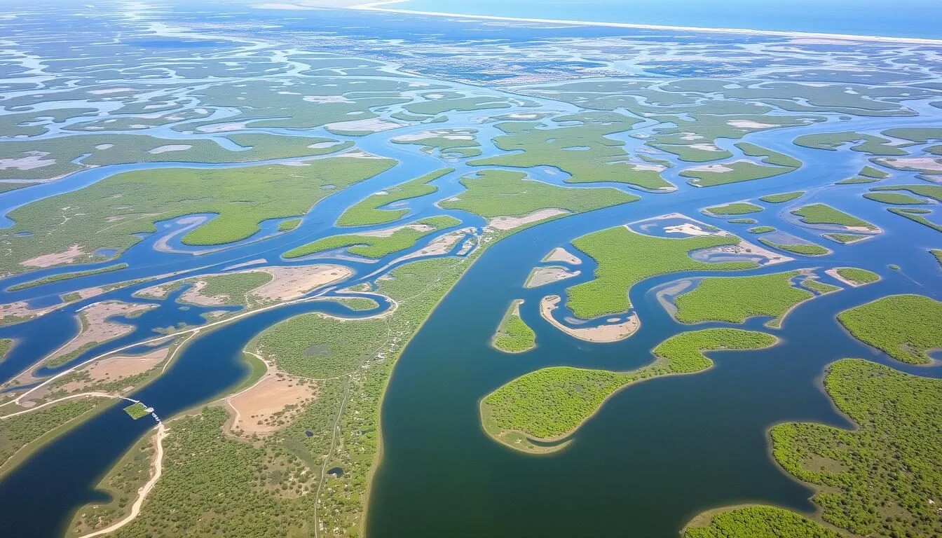 Aerial view of the Mississippi River delta channels leading to Pass-a-Loutre Wildlife Management Area