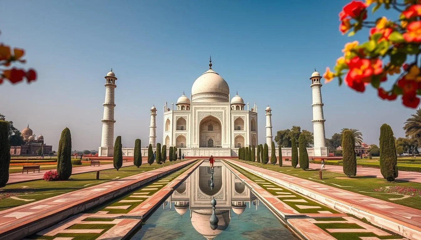 Aerial view of the Taj Mahal in Agra, India with beautiful gardens and reflecting pools
