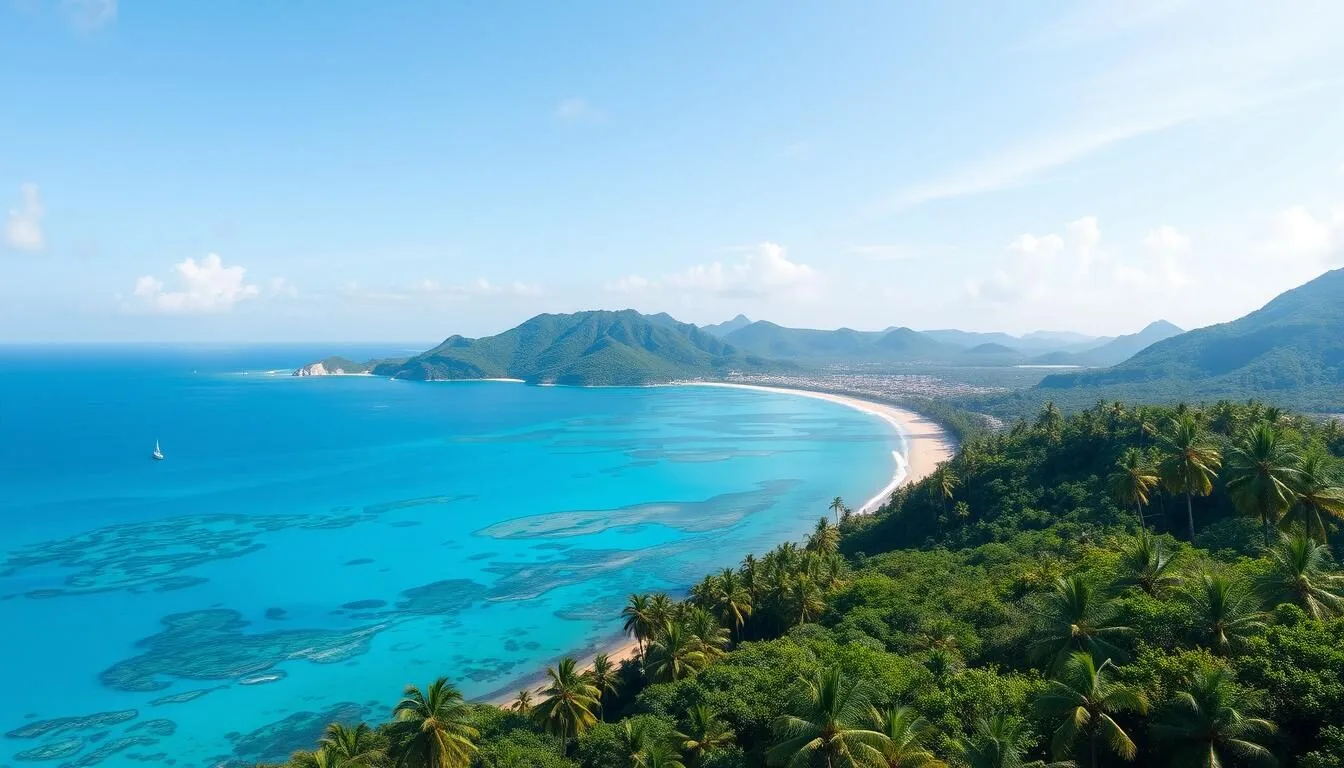 Aerial view of the stunning Samana Peninsula coastline with turquoise waters and lush green mountains in the Dominican Republic