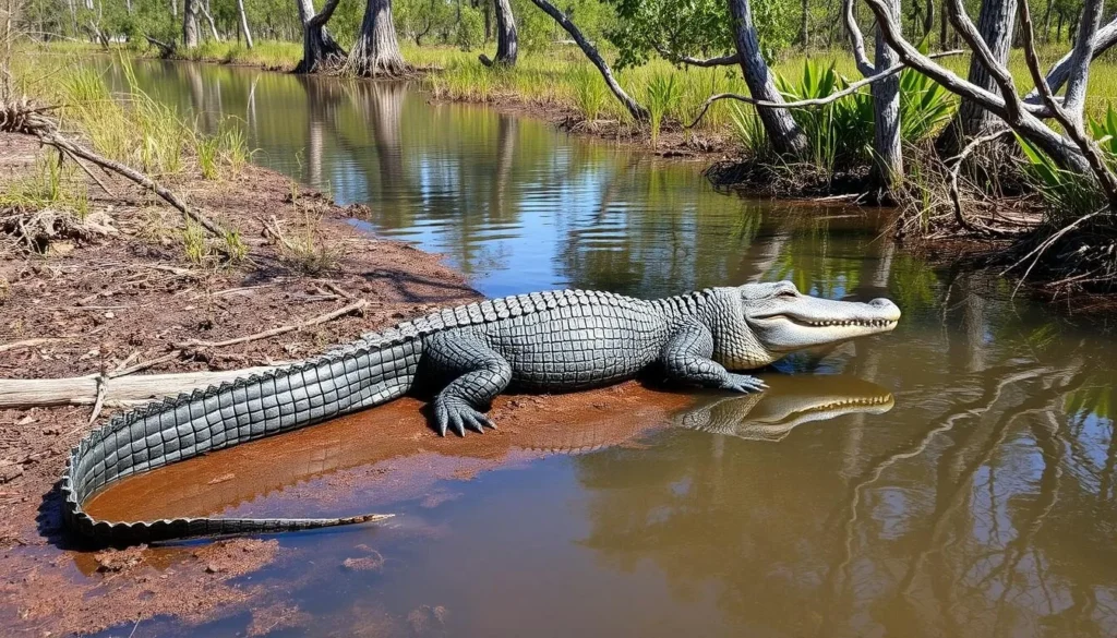 Alligator basking in the sun along a Pecan Island waterway Alligator basking in the sun along a Pecan Island waterway