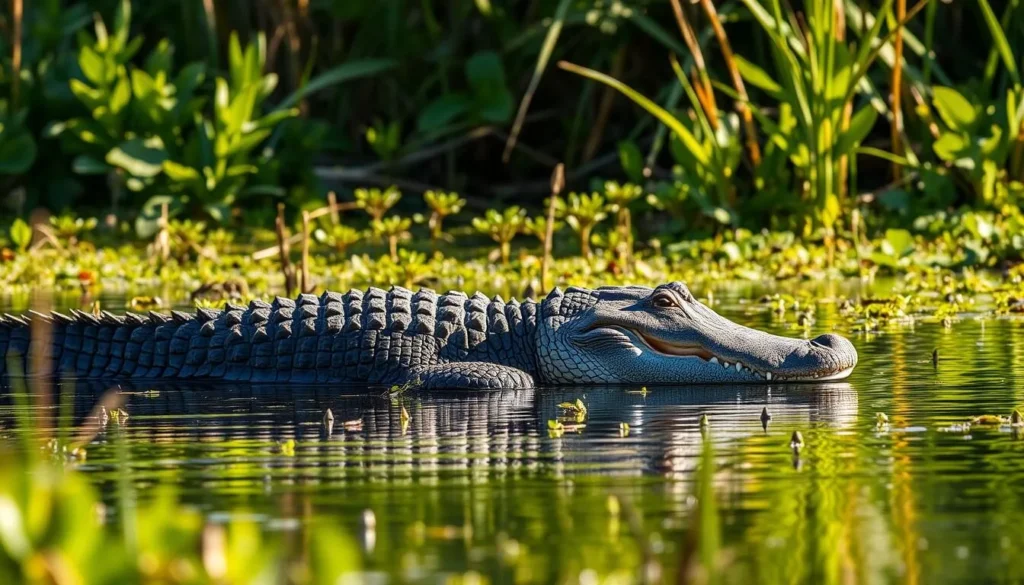 Alligator basking in the sun along the banks of Vermilion Bay Wetlands Louisiana