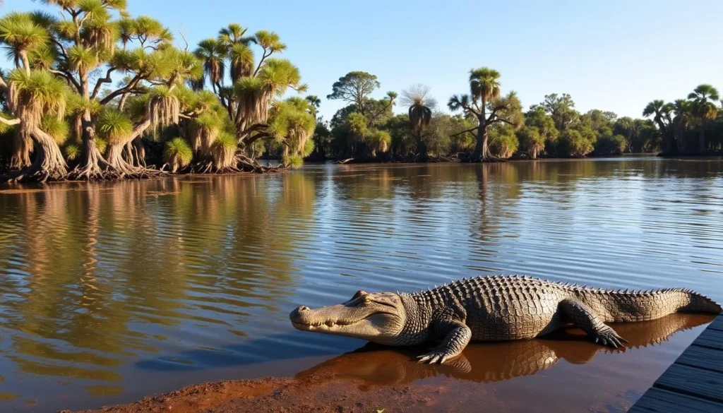 Alligator basking in the sun at Sam Houston Jones State Park lagoon