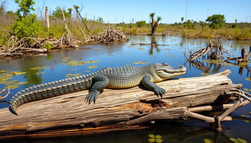 Alligator sunning itself on a log in Barataria Preserve