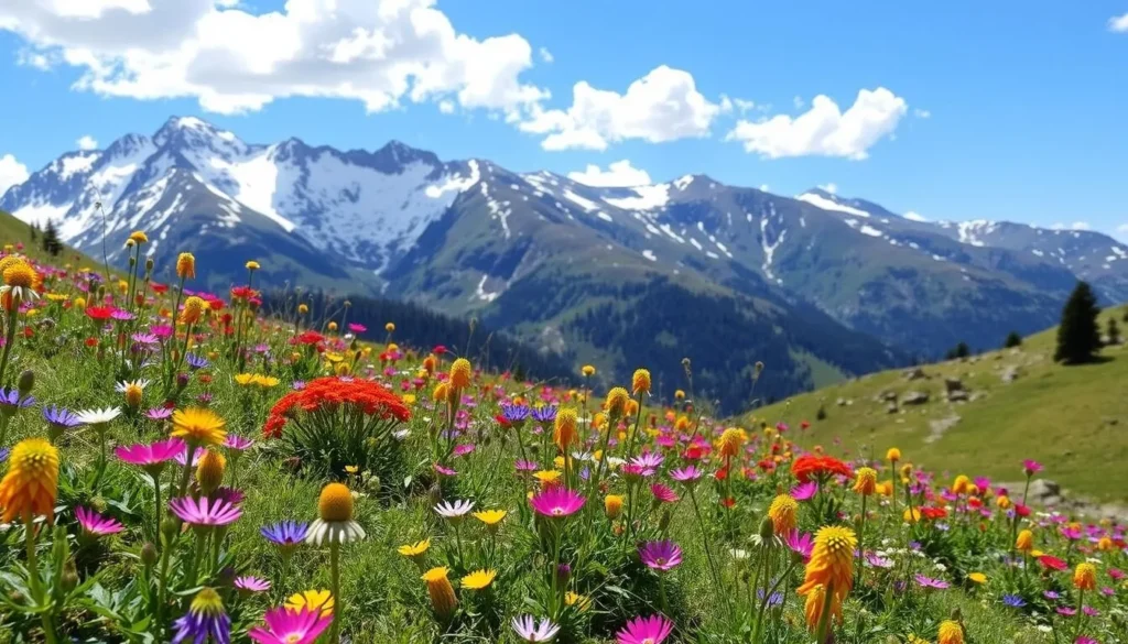 Alpine meadows in Adygea during spring with colorful wildflowers and mountain backdrop