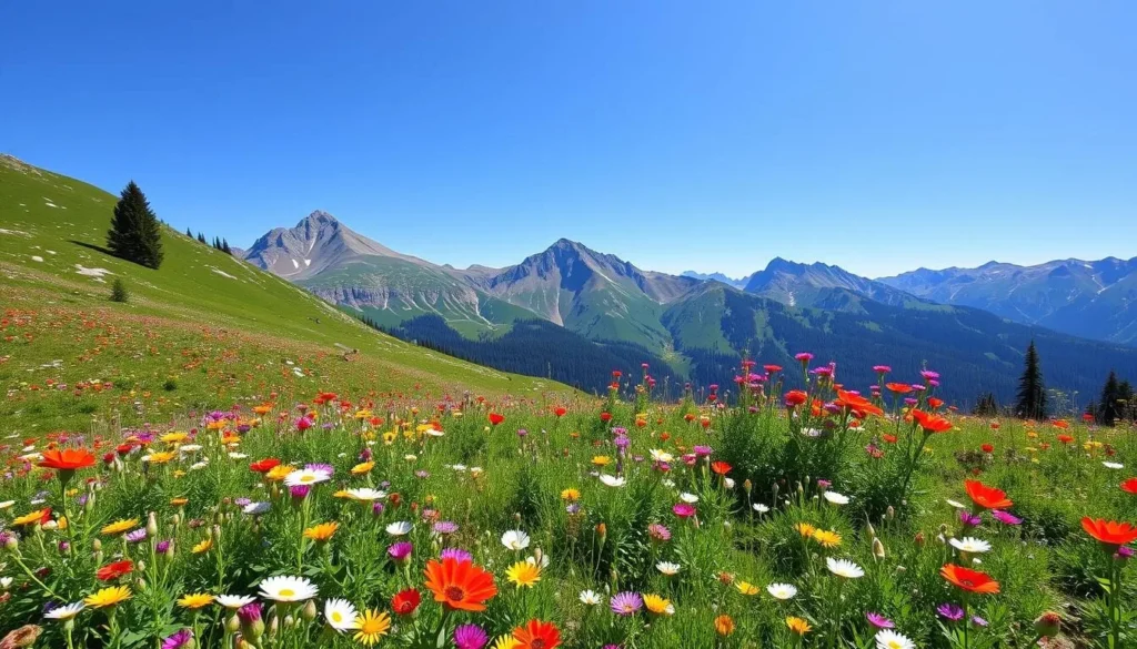 Alpine meadows in North Ossetia during summer with colorful wildflowers and mountains