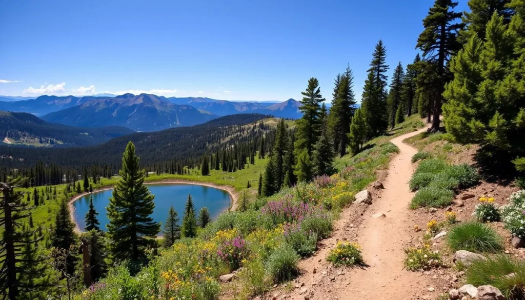 Alpine view from Medano Lake Trail showing mountains and forests in Great Sand Dunes National Park Alpine view from Medano Lake Trail showing mountains and forests in Great Sand Dunes National Park
