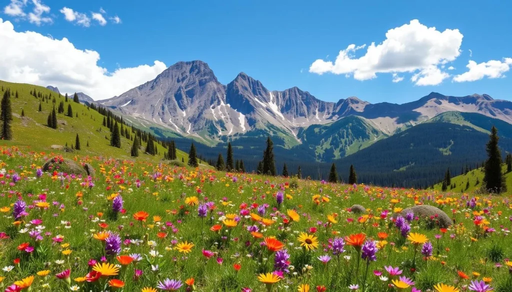 Alpine wildflower meadow near Cameron Pass with mountain backdrop Alpine wildflower meadow near Cameron Pass with mountain backdrop