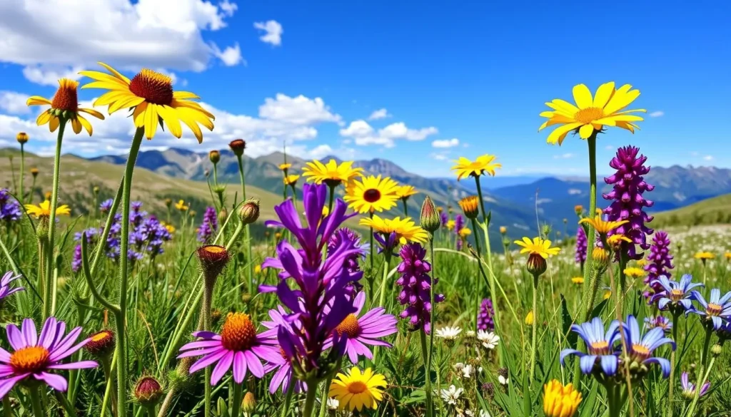 Alpine wildflowers along Black Bear Pass Road Colorado with mountain views Alpine wildflowers along Black Bear Pass Road Colorado with mountain views