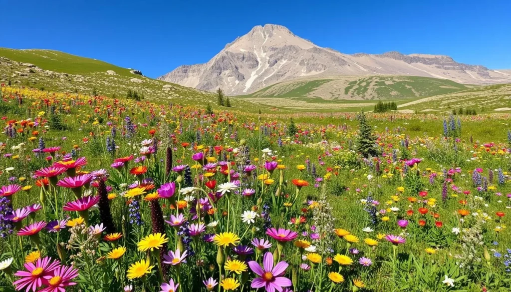 Alpine wildflowers blooming in a meadow near El Diente Peak with mountain backdrop in summer Alpine wildflowers blooming in a meadow near El Diente Peak with mountain backdrop in summer