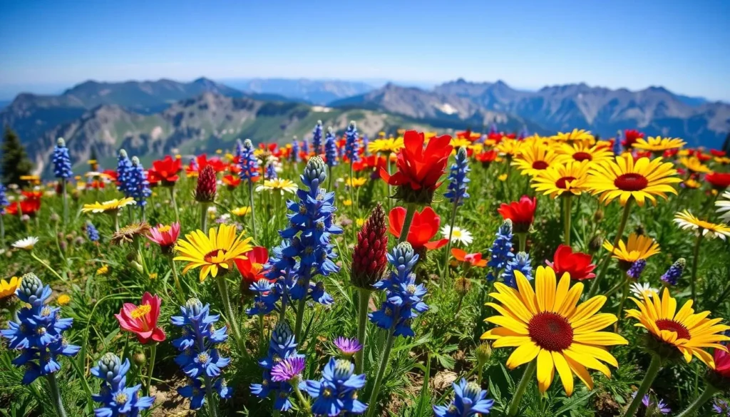 Alpine wildflowers in bloom along Hoosier Pass with mountain backdrop