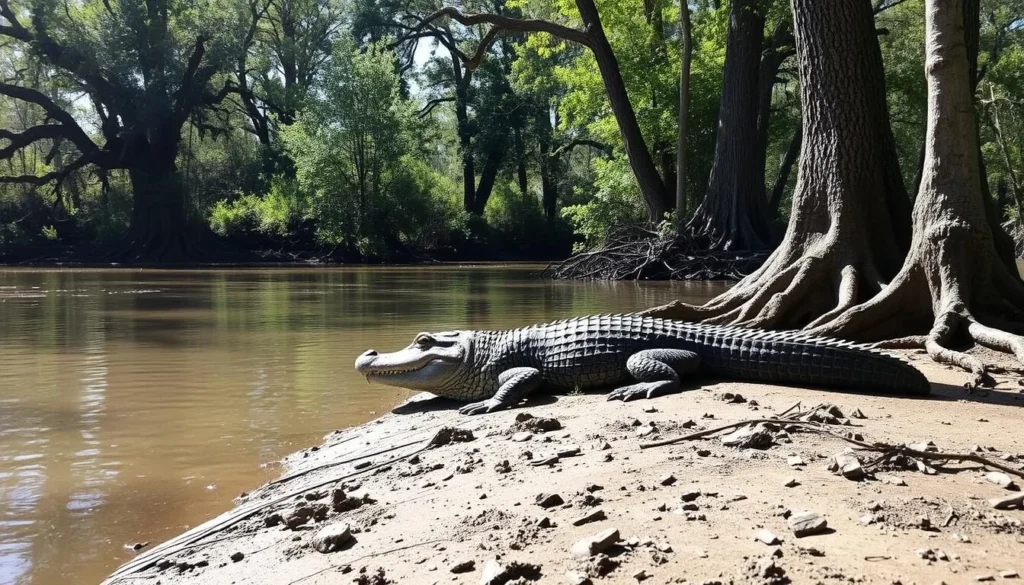 American alligator basking in the sun along a Pearl River waterway American alligator basking in the sun along a Pearl River waterway