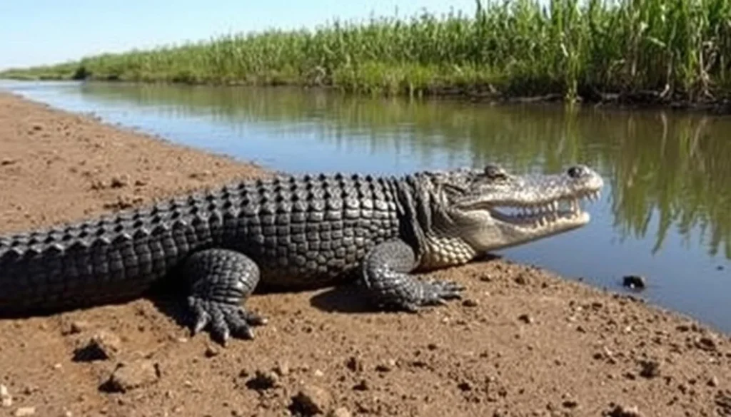 American alligator basking in the sun along a waterway in Cameron Parish