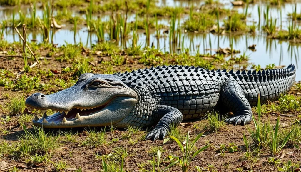 American alligator basking in the sun at Rockefeller Wildlife Refuge marshes