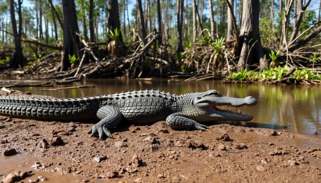 An alligator basking in the sun along a bayou near the Great River Road in Louisiana An alligator basking in the sun along a bayou near the Great River Road in Louisiana