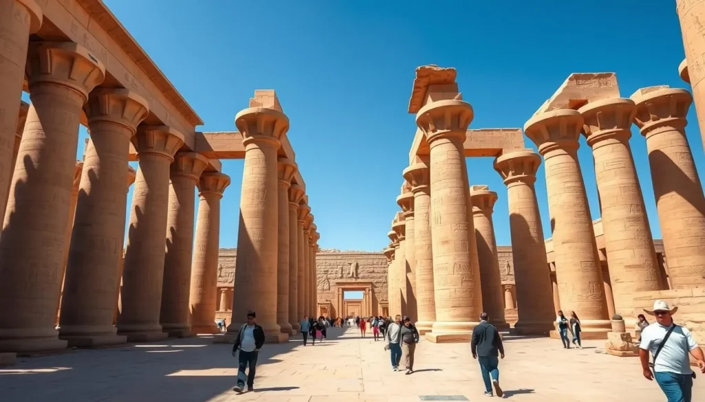 Ancient Egyptian temples in Luxor with massive columns and hieroglyphics