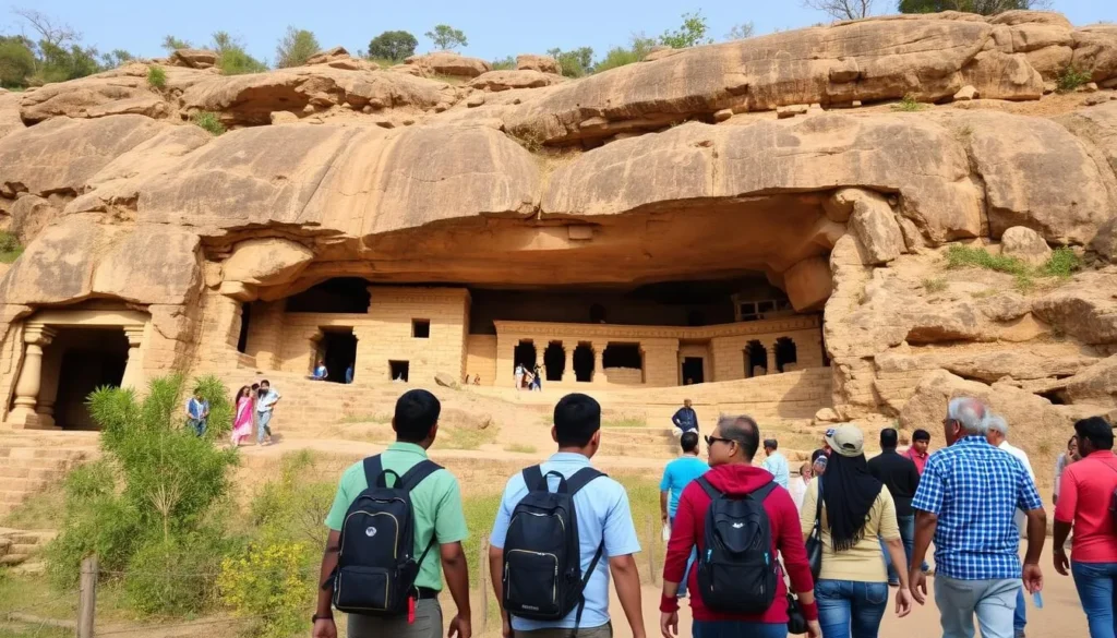 Ancient Pandava Caves in Pachmarhi with tourists exploring the historic rock-cut structures
