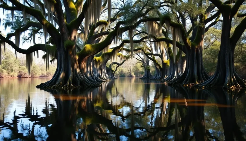 Ancient cypress trees along Bayou Bartholomew at Chemin-A-Haut State Park Louisiana