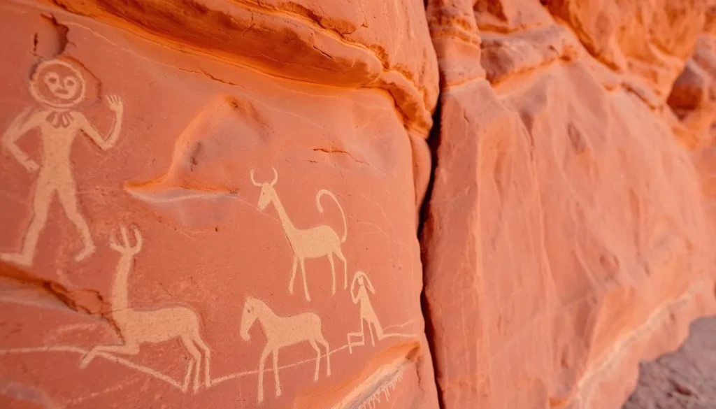 Ancient petroglyphs carved into the sandstone walls near Paria Canyon Ancient petroglyphs carved into the sandstone walls near Paria Canyon