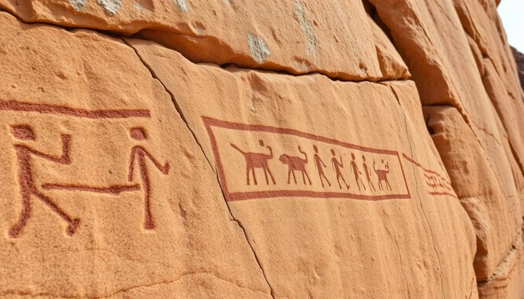 Ancient petroglyphs on rock walls at Dinosaur National Monument showing Fremont culture designs Ancient petroglyphs on rock walls at Dinosaur National Monument showing Fremont culture designs